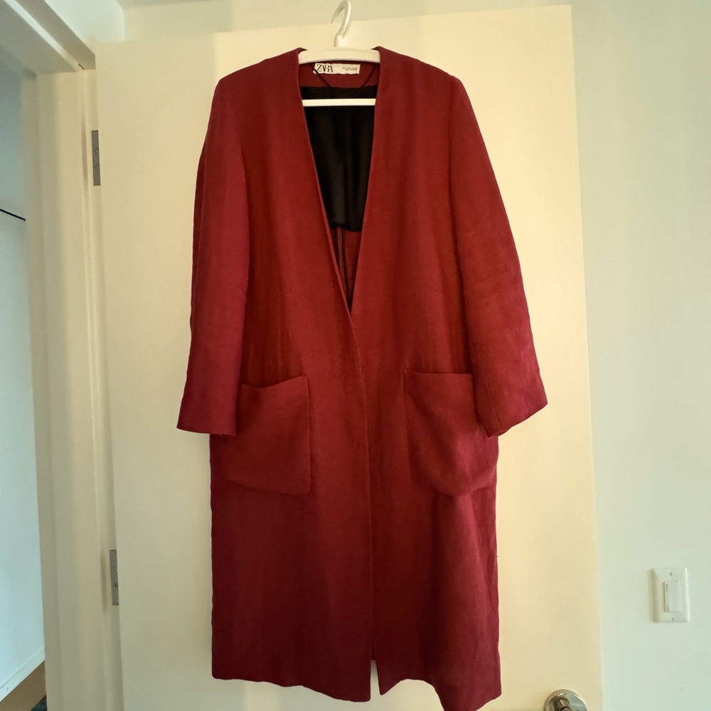 Zara Burgundy Long Linen Coat L